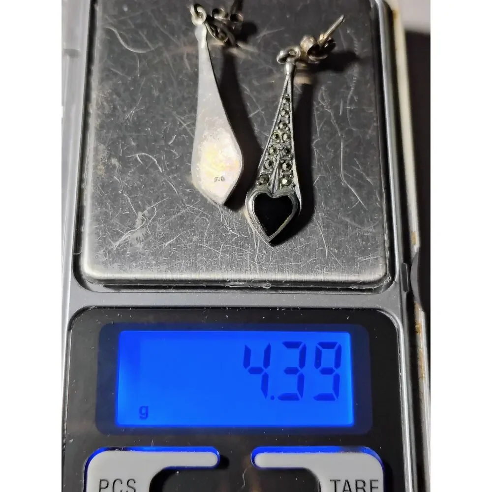 925 Silver Marcasite Black Heart Earrings